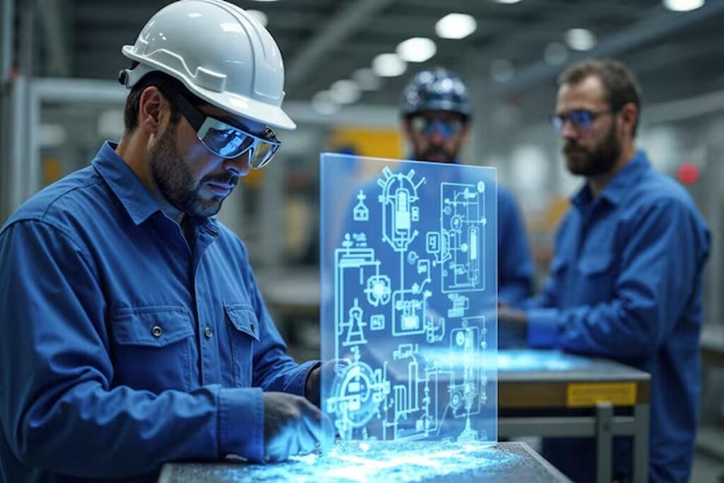Machine learning consultants analyzing industrial sensor data on a holographic interface to optimize predictive maintenance, reduce equipment downtime, and cut operational costs in manufacturing.