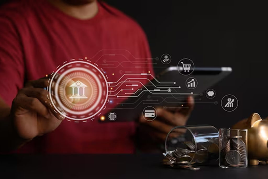 Person interacting with digital banking interface above a tablet, representing NLP consultant services for financial document automation, including entity recognition, document summarization, and intelligent classification.