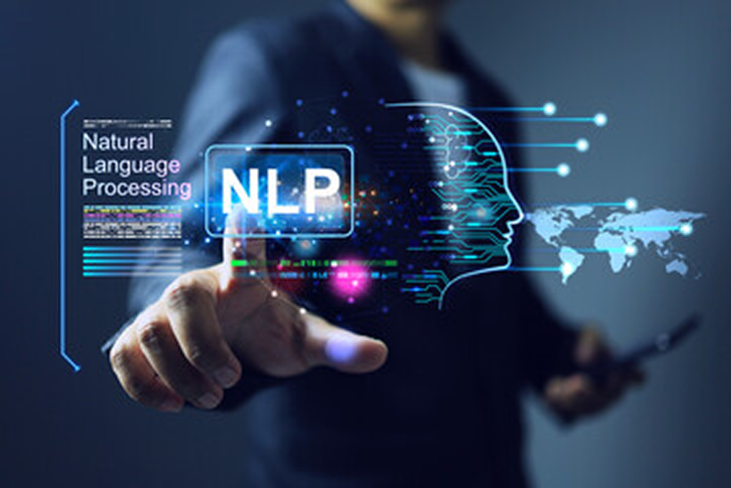 Business professional interacting with a digital interface displaying "NLP" and "Natural Language Processing," representing expert NLP consulting services focused on language strategy, implementation, and business optimization.