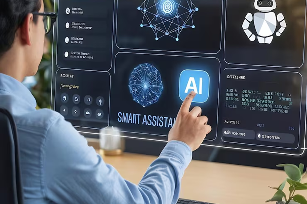 Professional interacting with futuristic AI dashboard labeled "Smart Assistant," representing NLP consultant services for seamless model integration, system deployment, and continuous optimization of AI performance.