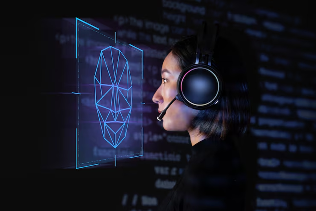 Woman with headset analyzing digital face scan, symbolizing NLP consultant services for named entity recognition and extraction of key terms, brands, and names from unstructured text data like contracts and research files.