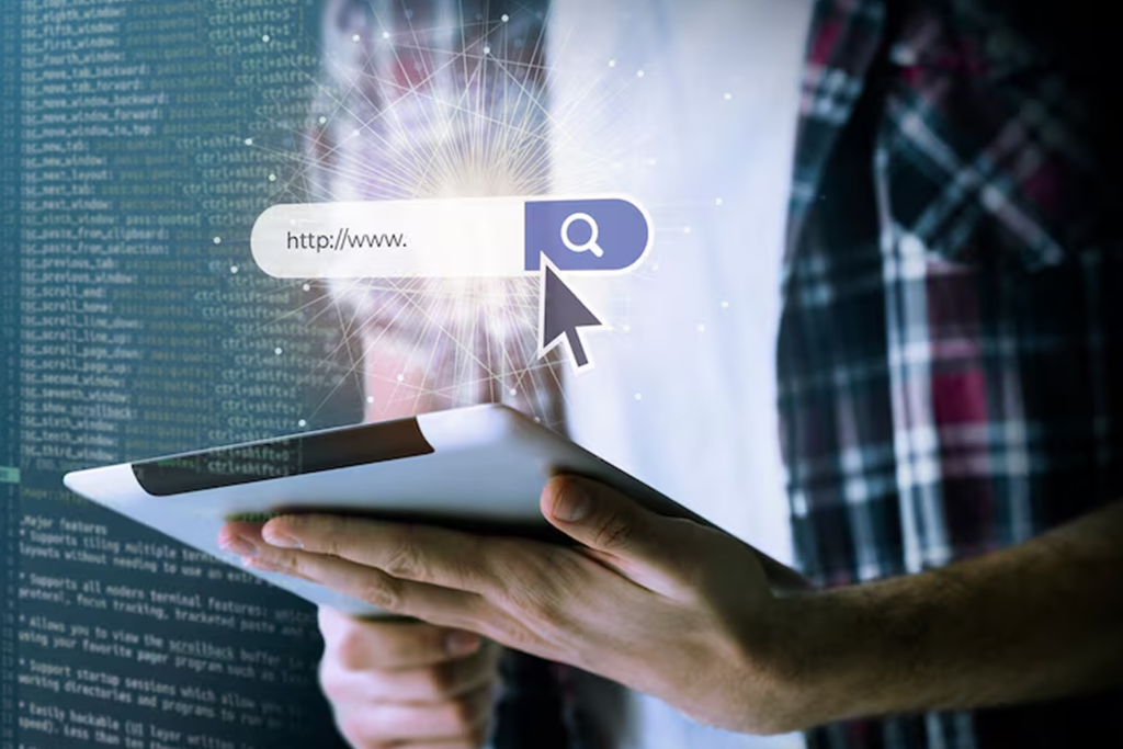 Person using a tablet with digital search bar overlay and code background, representing NLP consultant services for building semantic search engines that understand context and intent for accurate information retrieval.