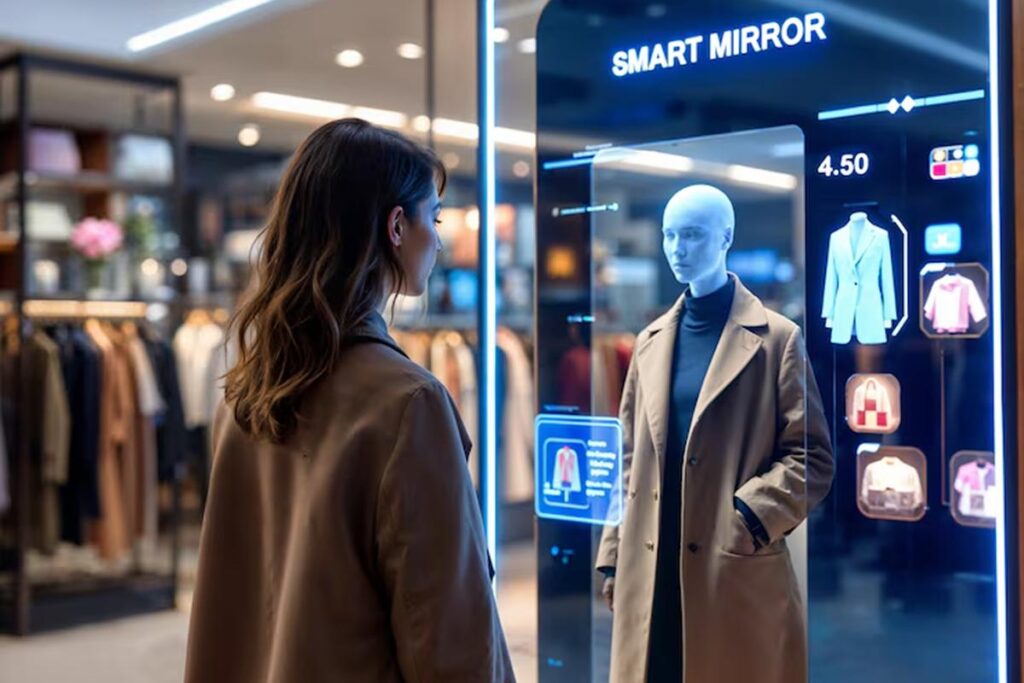 Woman interacting with AI-powered smart mirror displaying personalized clothing recommendations in a retail store, showcasing real-time machine learning consulting services for improved customer engagement.