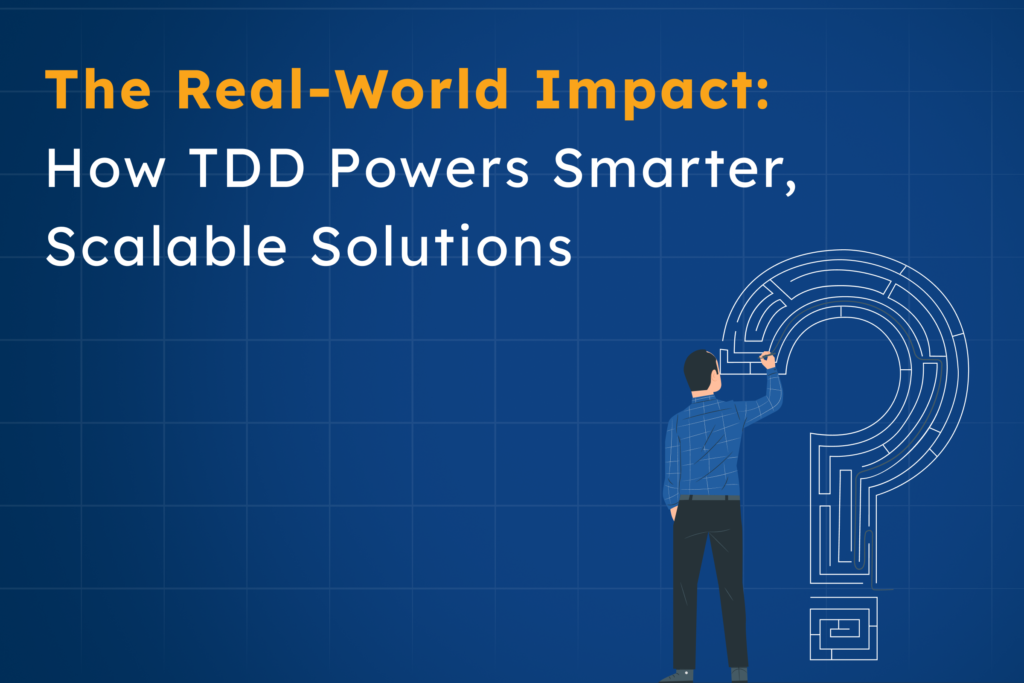 Developer solving a maze in the shape of a question mark, symbolizing how test-driven development helps tackle complex software challenges with scalable and reliable solutions