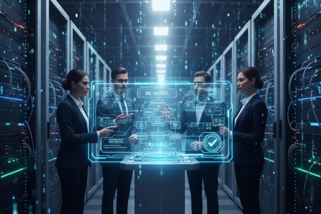 Machine learning consultants collaborating on custom ML model development in a server room using AI tools and frameworks like TensorFlow and PyTorch, illustrating ml consulting services.