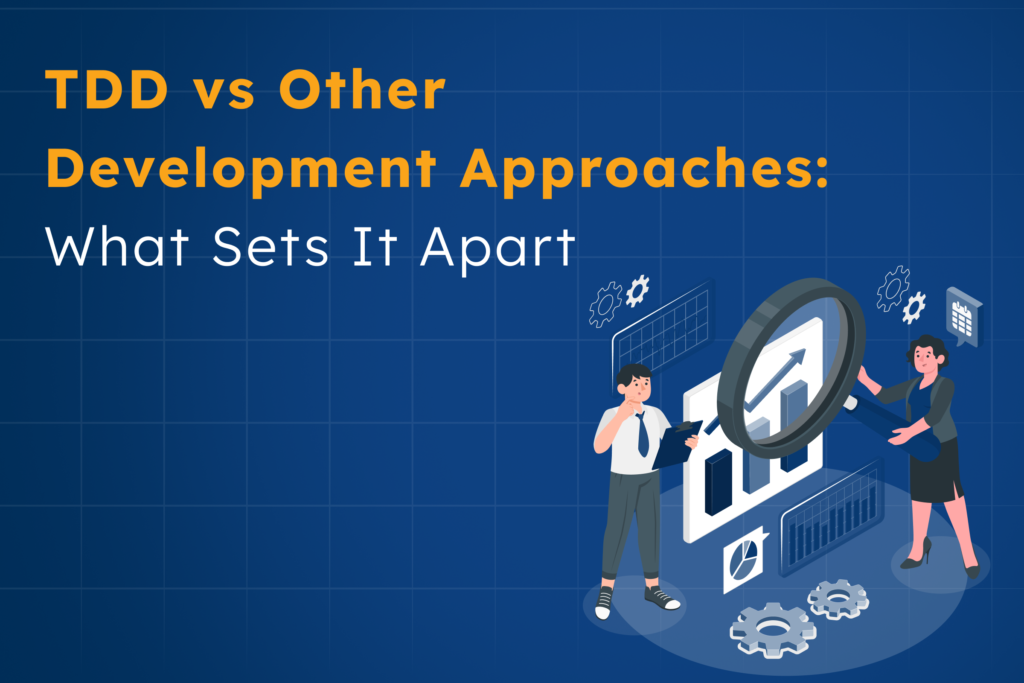 Illustration comparing test-driven development with other development approaches, highlighting benefits like early bug prevention, fast feedback, and high code quality in TDD