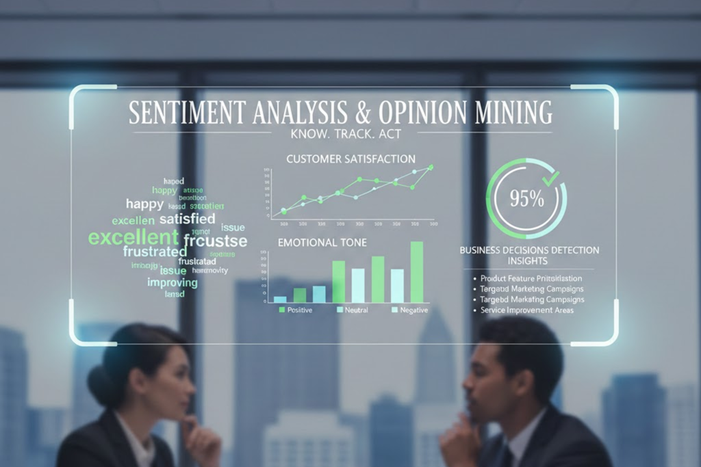 Two professionals analyzing a digital dashboard displaying sentiment analysis and opinion mining data, representing NLP consultant services for tracking emotional tone, customer satisfaction, and business decision insights.