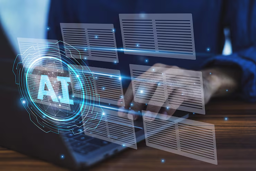 Person typing on laptop with AI interface and floating document blocks, illustrating NLP consultant services for automatic text summarization that delivers concise, context-aware insights from lengthy documents.