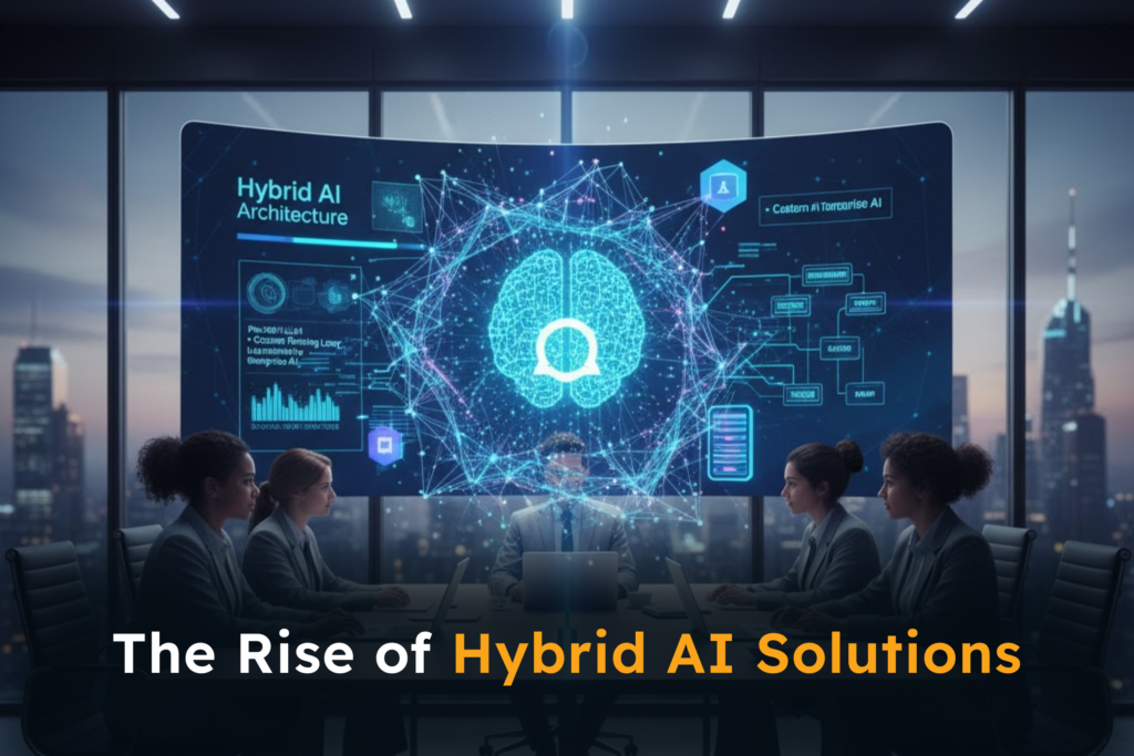 Business team in a modern office using hybrid AI architecture, combining custom AI layers with off-the-shelf models to achieve scalable, cost-effective, and adaptable AI solutions tailored to business needs.