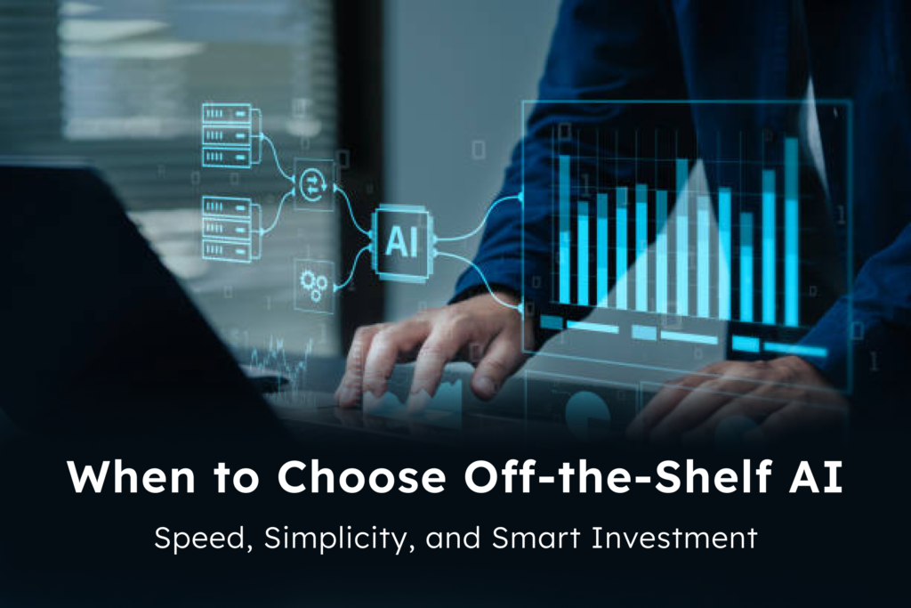 Business professional using AI-powered analytics dashboard, representing benefits of off-the-shelf AI solutions such as quick deployment, simplicity, affordability, and vendor-managed maintenance for standard business needs.