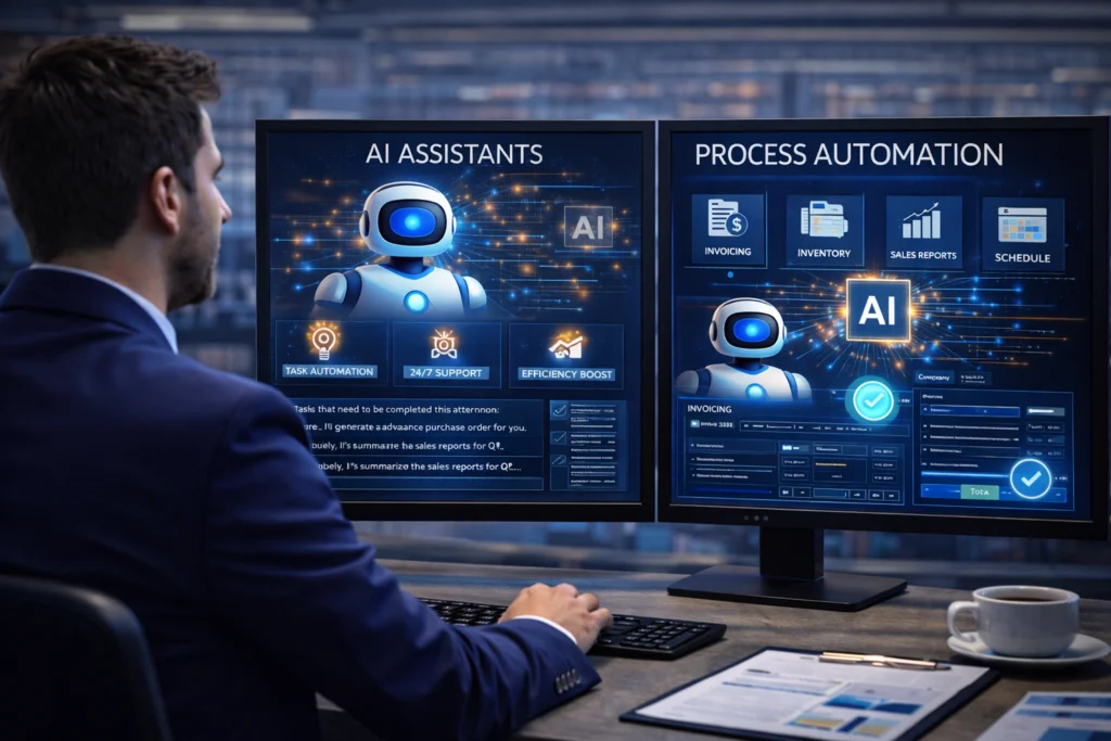 Business professional interacting with AI assistant dashboards for automating tasks like invoicing, scheduling, and reporting, illustrating how deep learning consulting services enable efficient process automation.
