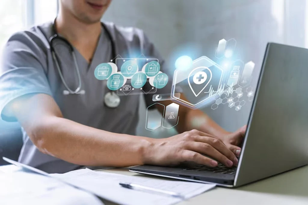 Healthcare professional using laptop with digital health icons, representing AI copilot development services automating administrative workflows, scheduling, and reporting for improved efficiency in the healthcare sector.