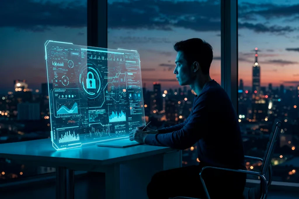 Security professional analyzing a futuristic dashboard with a digital lock icon and performance graphs, representing AI-powered security solutions designed to protect models from tampering, bias, and adversarial attacks.