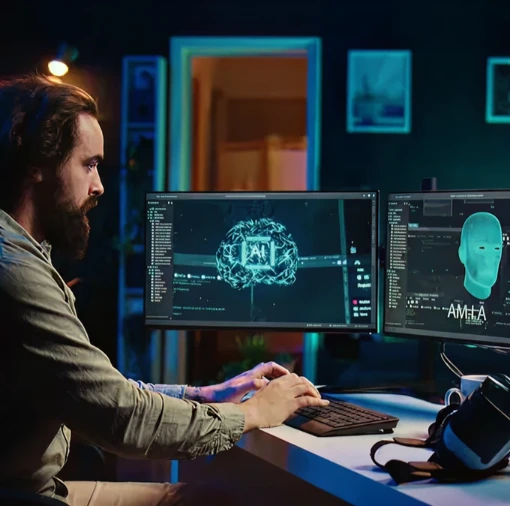 Cybersecurity specialist analyzing AI-powered threat detection interface on dual monitors, representing enterprise AI solutions for real-time anomaly detection, data breach prevention, and enhanced digital security compliance
