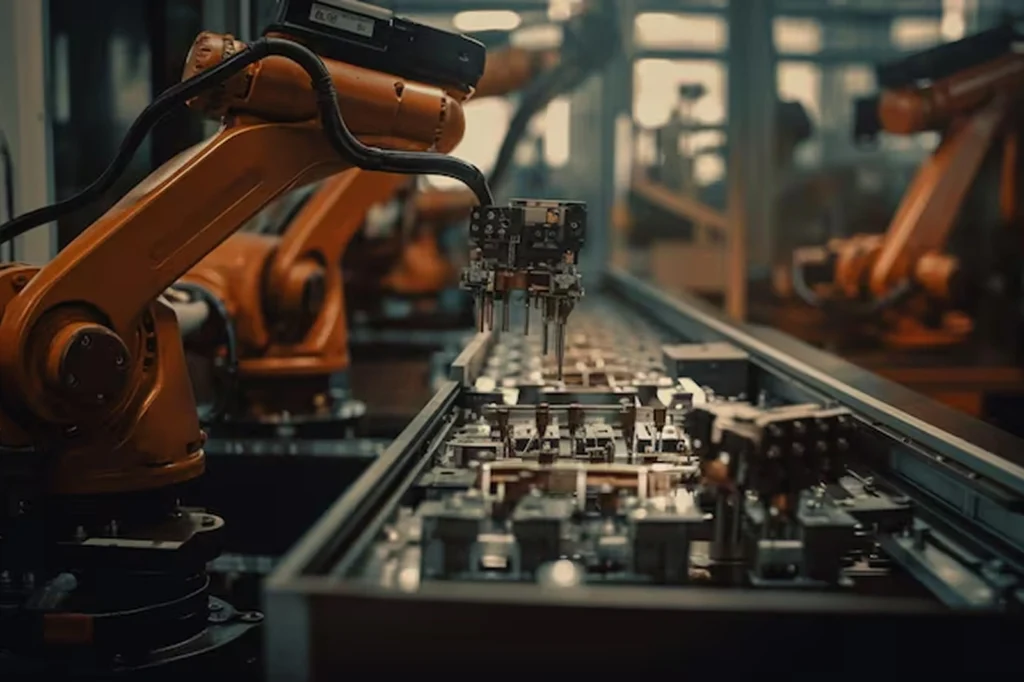 Automated robotic arms operating a smart production line, representing a manufacturing case study where AI-powered security solutions protected AI systems from disruption—enhancing output stability and minimizing downtime risks.