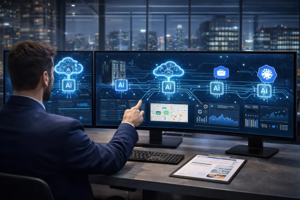 Professional overseeing multiple screens with AI deployment icons representing various environments like cloud, hybrid, and on-premise—illustrating the flexibility and compatibility of AI deployment services.