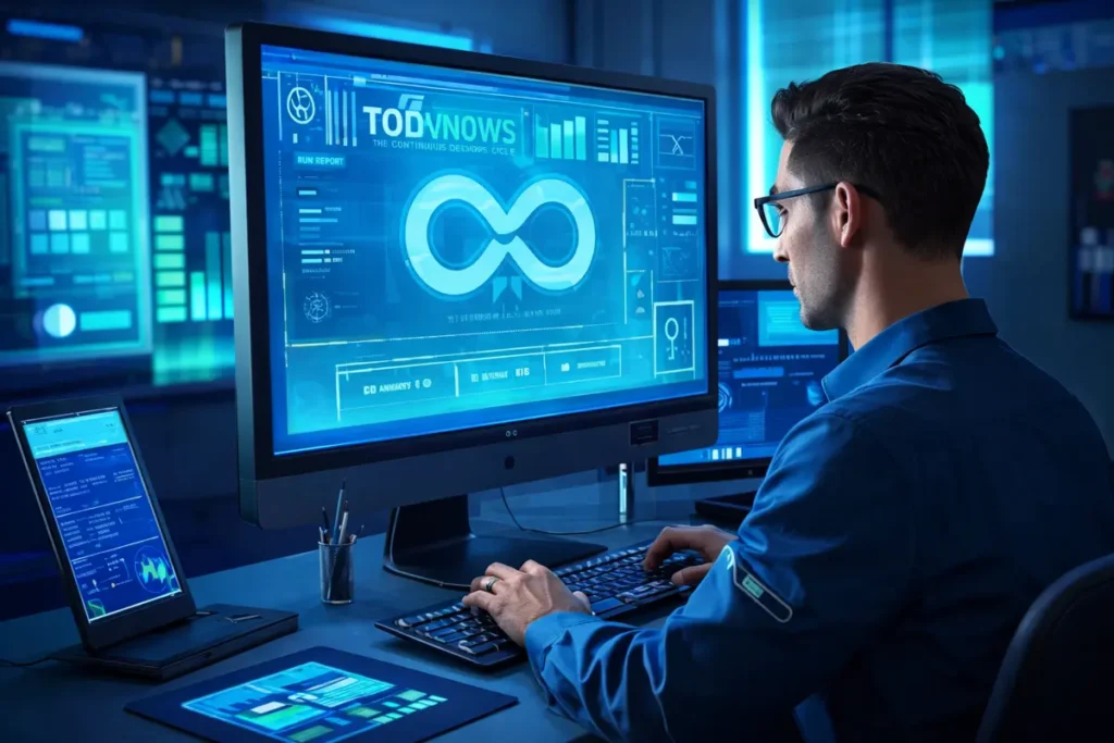 Software developer working on custom software solutions at a high-tech workstation displaying real-time DevOps cycle, performance analytics, and automation dashboards—highlighting AI-driven development, on-time delivery, cost savings, and high client retention.