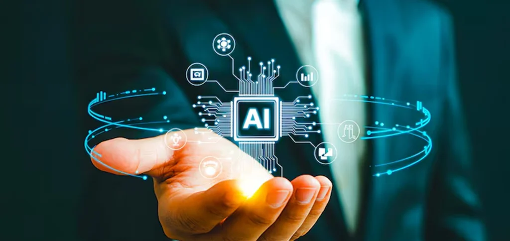 Businessman holding a glowing AI chip hologram surrounded by futuristic icons, symbolizing how artificial intelligence drives smarter decisions, automation, and growth in modern business environments.
