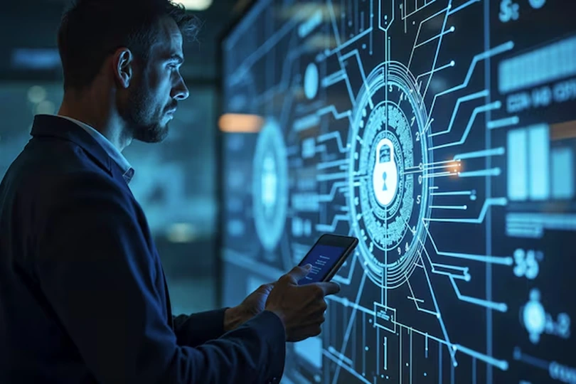 Professional reviewing a digital security interface with lock icons, representing Samyak Infotech’s AI consulting services in ethical AI governance, data compliance, and regulatory alignment for secure enterprise AI adoption.