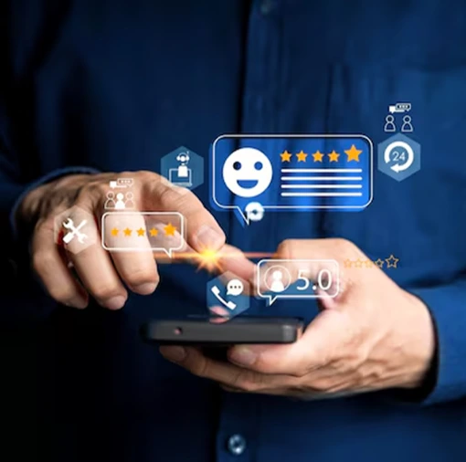 User interacting with smartphone displaying AI-generated customer feedback, ratings, and chat icons, representing enterprise AI solutions that enhance customer experience through intelligent chatbots, voice assistants, and personalization