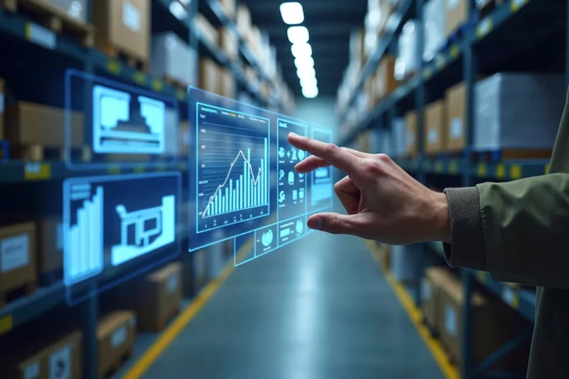 Person interacting with digital analytics dashboard in a warehouse, representing enterprise AI solution for retail demand forecasting that improved accuracy, reduced inventory costs, and optimized supply chain efficiency