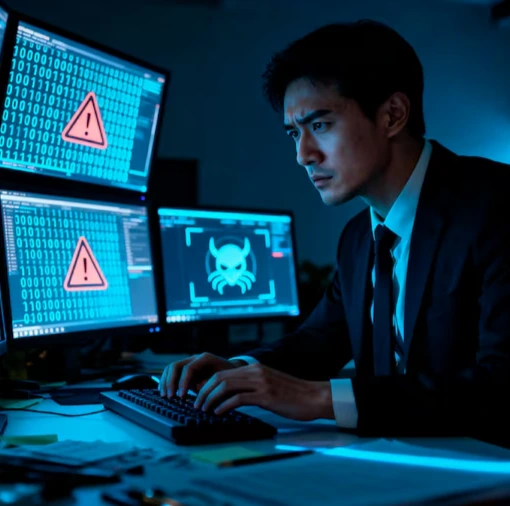 Cybersecurity analyst monitoring AI-driven fraud detection alerts on multiple screens, representing enterprise AI solutions for real-time risk management, unusual activity detection, and data protection
