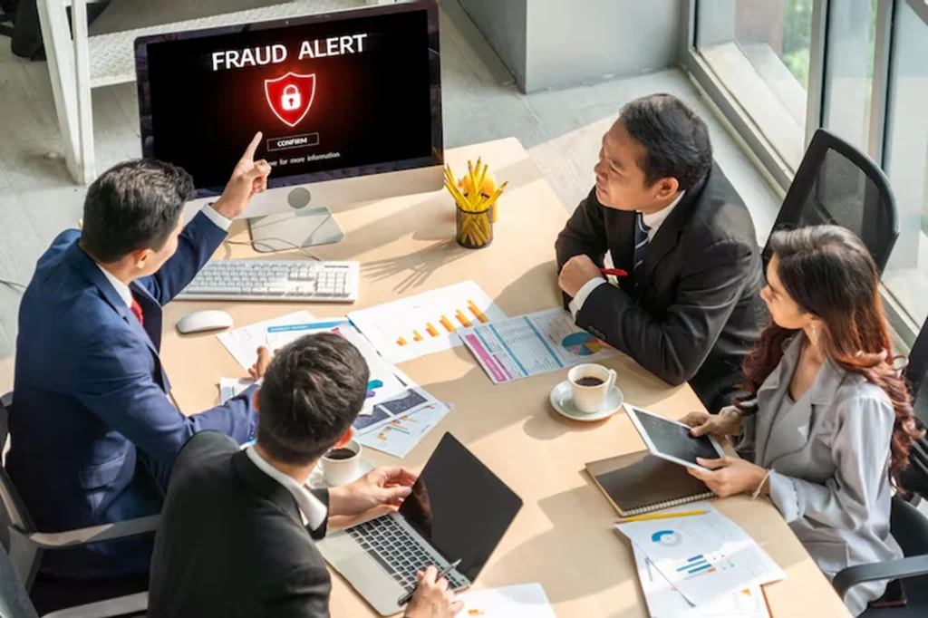 Business team in a meeting reviewing a computer screen with a “Fraud Alert” warning, representing an eCommerce case study where AI-driven security solutions reduced fraud during peak traffic—enhancing customer trust and transaction success.