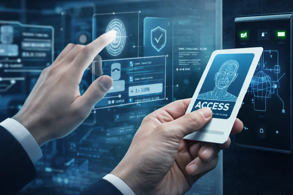 Person using biometric authentication and digital access card, representing AI-driven security solutions for identity and access control in AI systems to safeguard pipelines and protect sensitive data from insider threats.