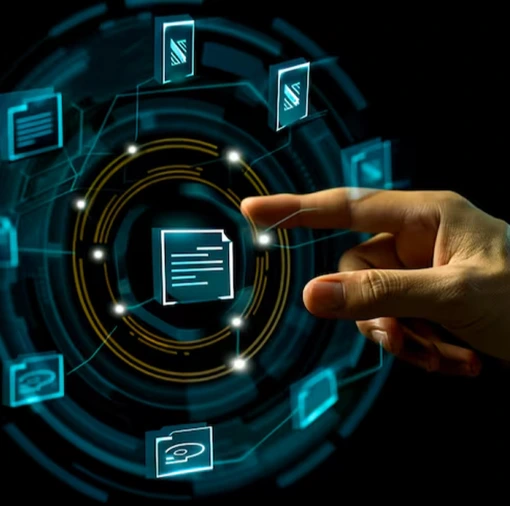 Hand interacting with digital interface displaying document icons, representing enterprise AI solutions for intelligent document processing, including automated scanning, data extraction, classification, and validation to transform unstructured data into insights