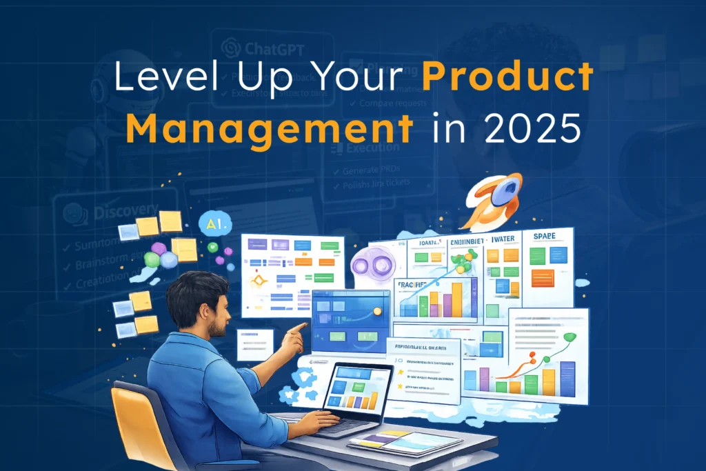 Illustration of a product manager using AI tools to manage data dashboards, charts, and workflows—symbolizing how AI transforms product management in 2025 with faster decision-making, prototyping, and strategy execution.