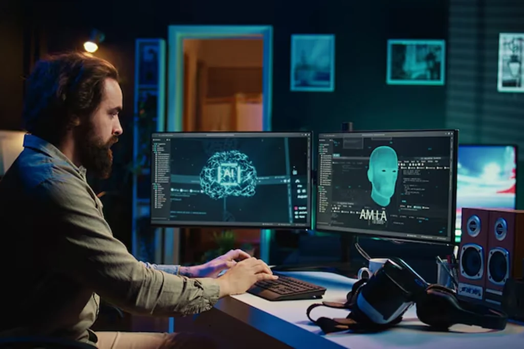 Cybersecurity expert monitoring dual screens displaying AI-based threat detection systems and digital face analysis, representing AI-driven security solutions designed to identify and block cyber threats proactively.