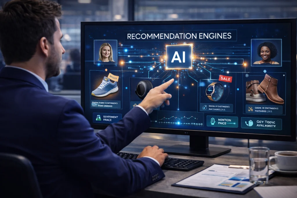 Deep learning consultant interacting with an AI recommendation engine dashboard showing personalized product suggestions based on user behavior, highlighting the value of deep learning consulting services for boosting conversions.