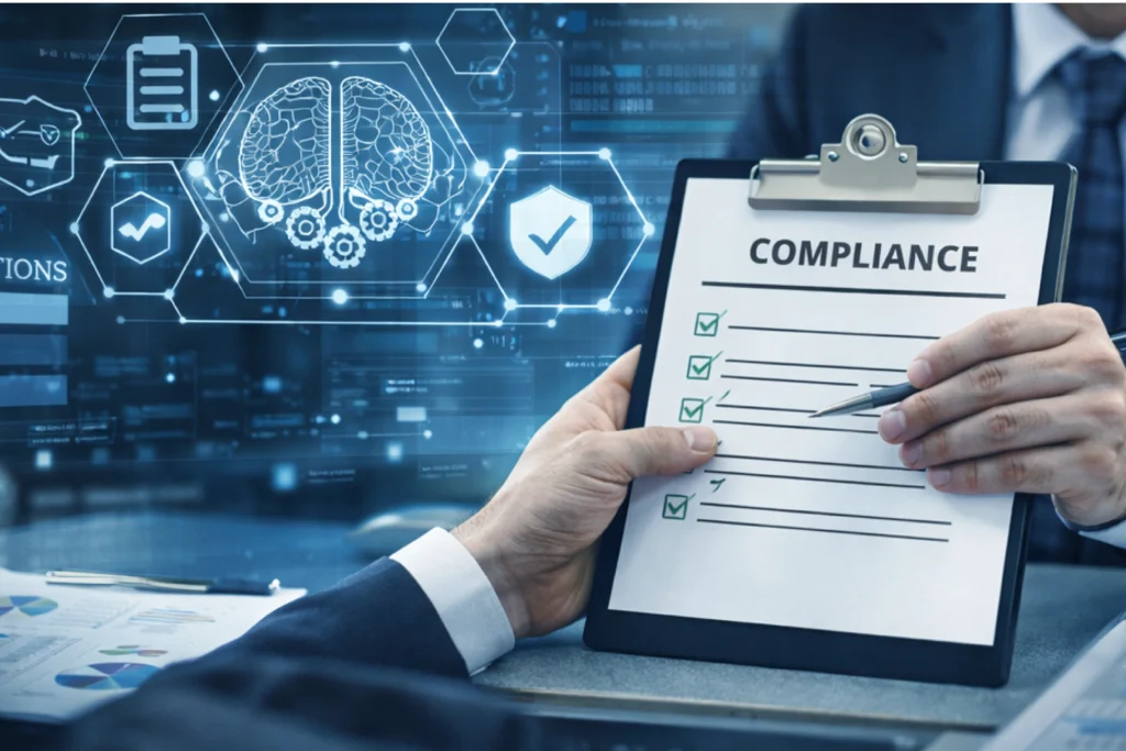 Business professional holding a checklist labeled "COMPLIANCE" with digital graphics of AI, brain, shield, and security icons in the background—illustrating AI-powered security solutions ensuring regulatory compliance and risk mitigation for AI systems.