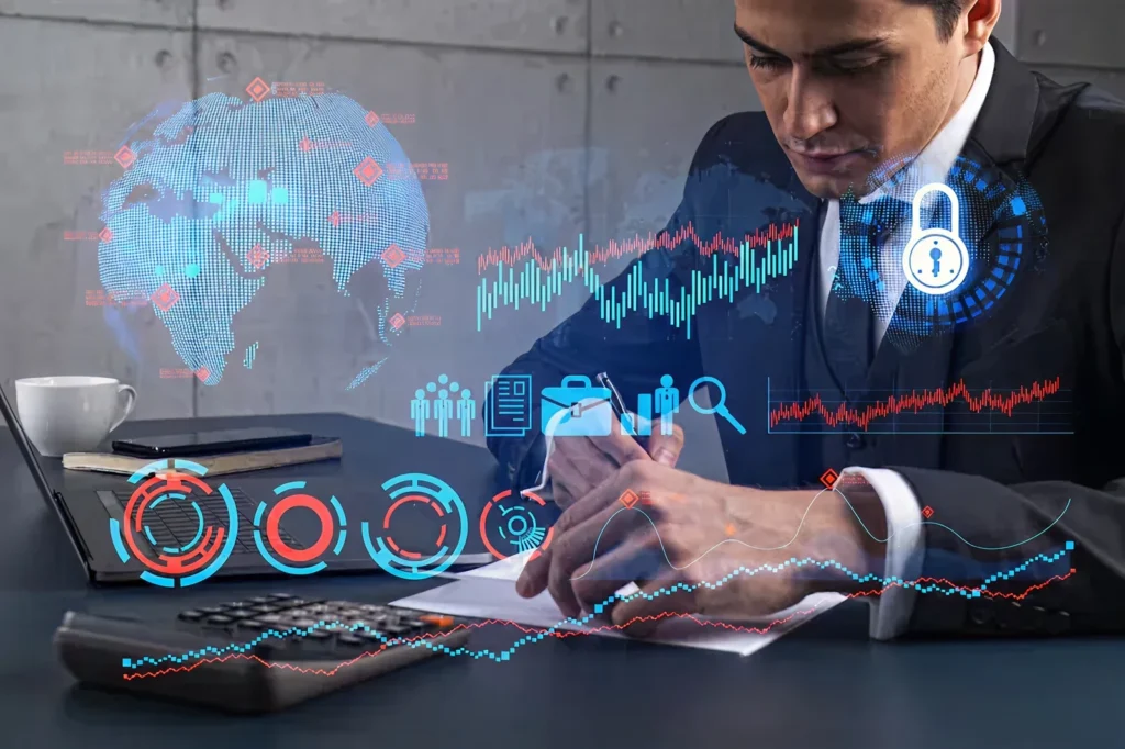 Financial professional analyzing data at a desk with futuristic security and analytics graphics overlaid, illustrating a finance case study where AI cybersecurity solutions protected risk models from tampering and enhanced data security and compliance.