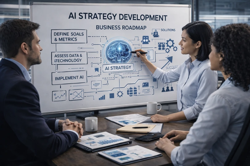 Business professionals discussing AI strategy development in a meeting room, with a whiteboard outlining a detailed AI roadmap including goals, data, and implementation steps—representing Samyak Infotech’s AI consulting services for measurable business transformation.