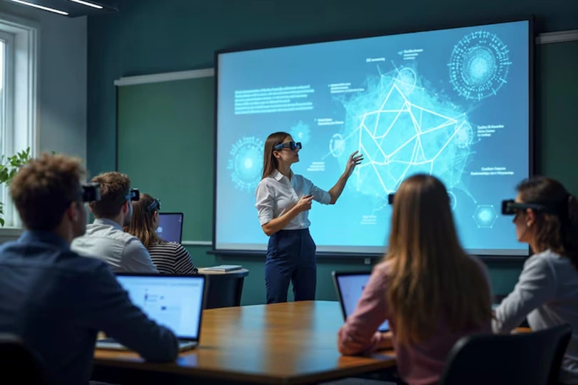 Corporate training session with a presenter using immersive technology to explain AI systems to a team, showcasing Samyak Infotech’s AI consulting services in employee training and organizational change management for smooth AI adoption.