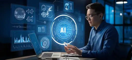 AI engineer working on a laptop surrounded by digital analytics and AI interface graphics, representing MLOps services that enable faster model deployment through automation and streamlined practices.