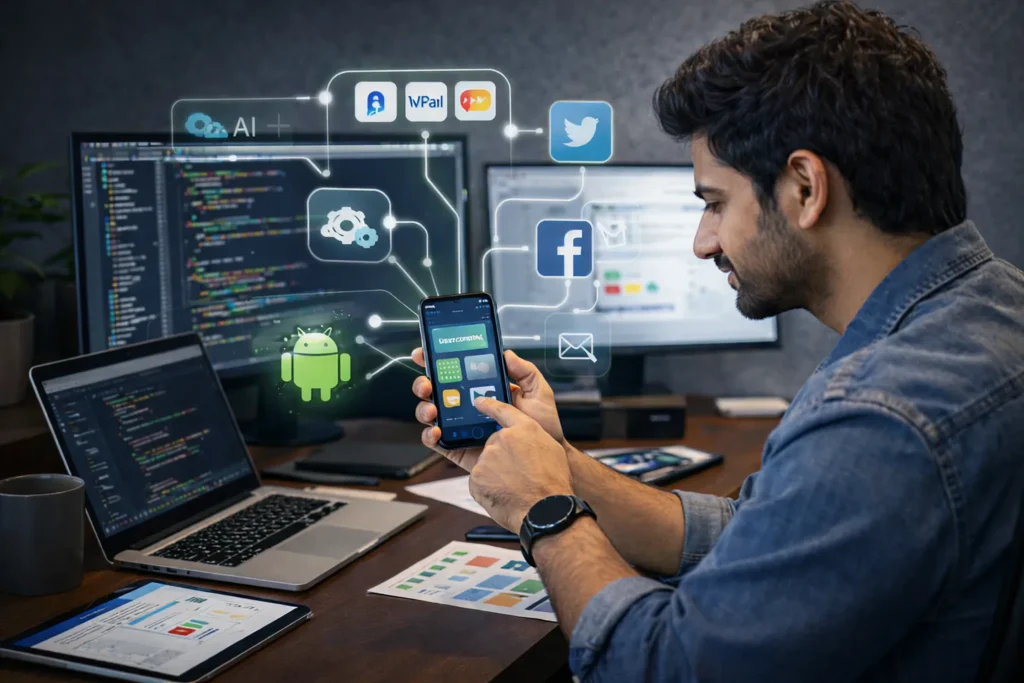 Developer integrating Android app with payment gateways, social media, and analytics tools, showcasing Samyak Infotech’s Android app development services for seamless system integration and enhanced business efficiency.