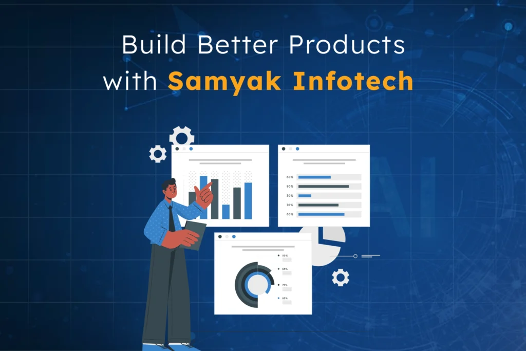 Illustration of a professional analyzing product dashboards with charts and graphs—representing how Samyak Infotech uses AI-powered development, data-driven design, and ethical practices to create faster, smarter, market-ready products.
