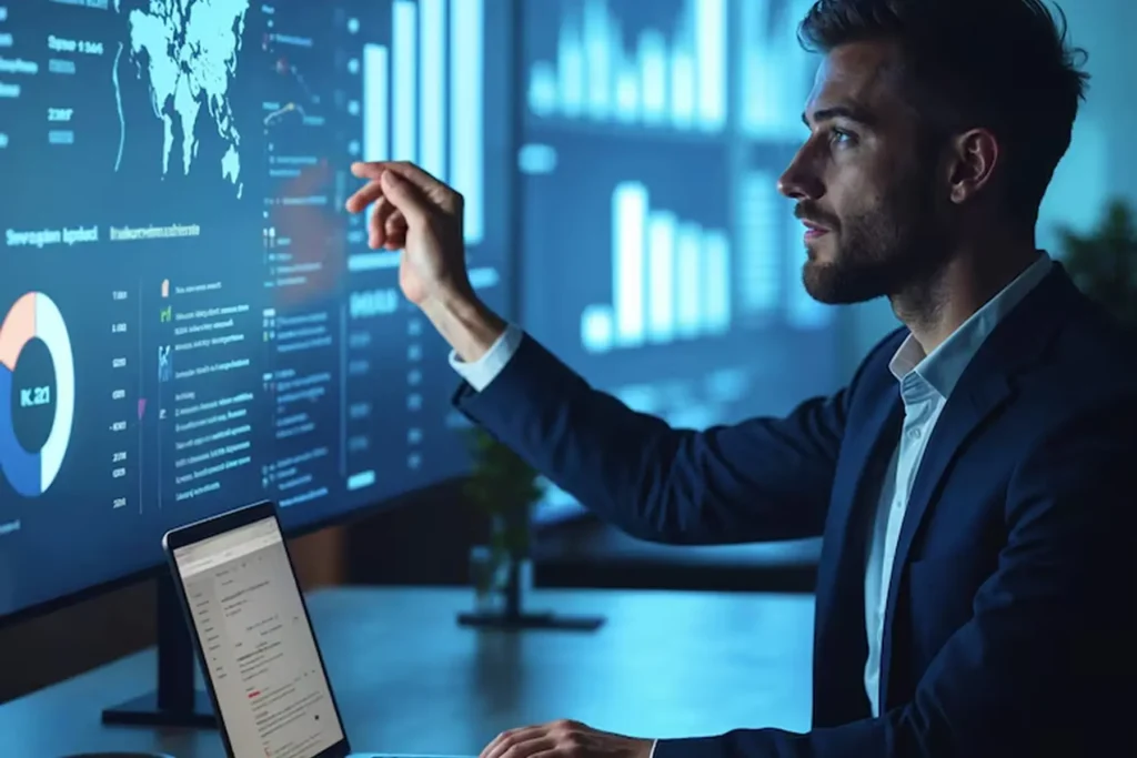 Business professional reviewing ML model performance dashboards, showcasing MLOps services for real-time monitoring, accuracy tracking, and model drift detection to ensure consistent results.