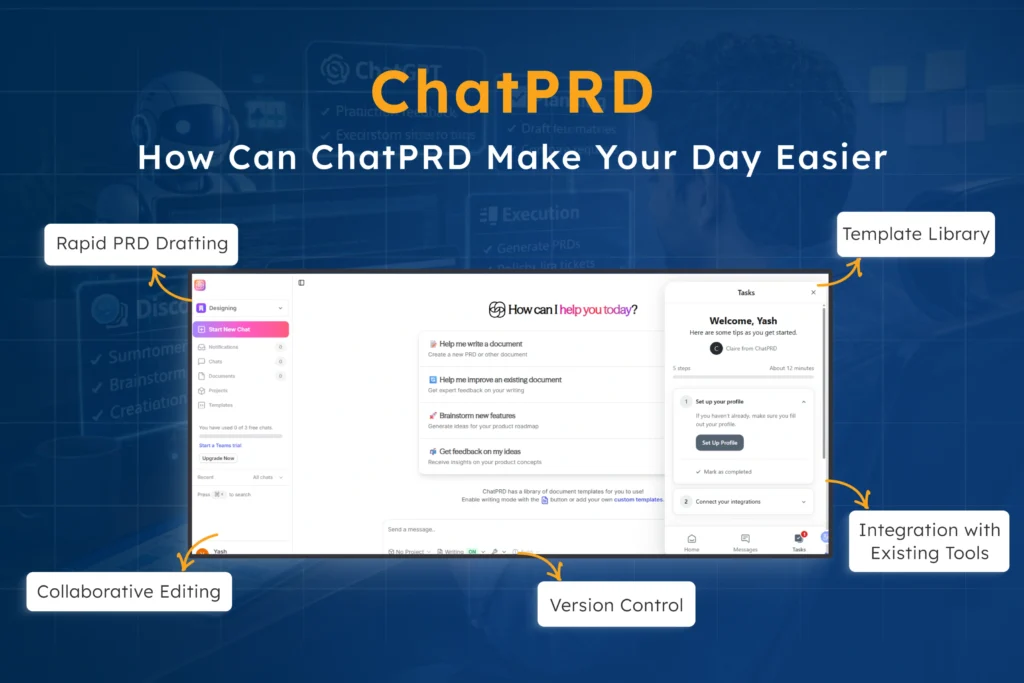 Interface of ChatPRD showing features like rapid PRD drafting, collaborative editing, version control, and integration with tools—highlighting how this AI tool helps product managers in 2025 create and manage product documentation efficiently.
