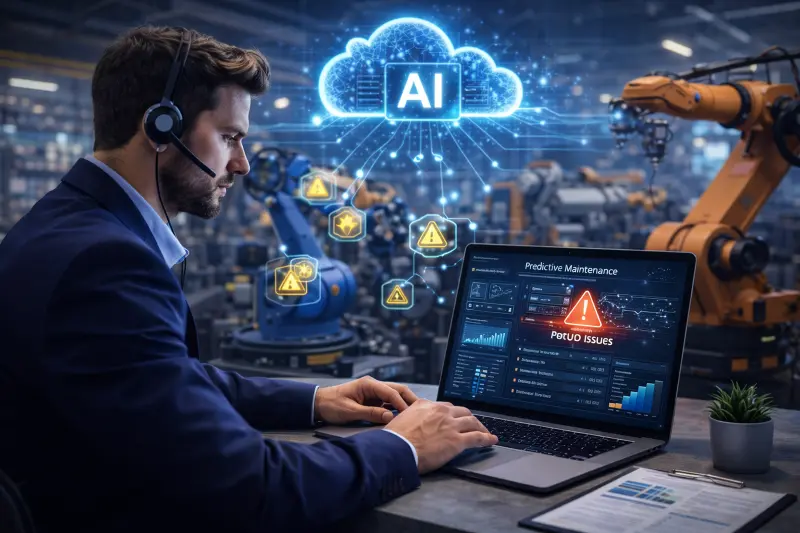Engineer using AI-powered predictive maintenance software in a smart factory, with robotic arms and alert icons, illustrating cloud-based AI deployment to prevent equipment failures and optimize uptime.