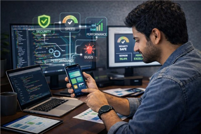 Developer analyzing app performance metrics on a smartphone with visual indicators for security, speed, and bug fixes—illustrating Samyak Infotech’s Android app development services focused on high-quality testing and seamless performance.