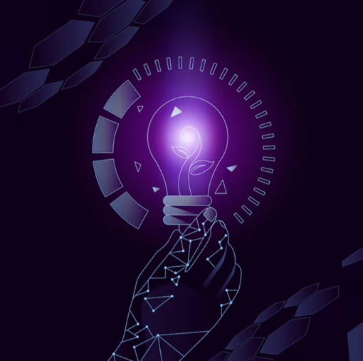 Digital hand holding a glowing purple lightbulb with a sprouting leaf inside, symbolizing innovation, forward-thinking AI consulting services, and future-ready solutions by Samyak Infotech.