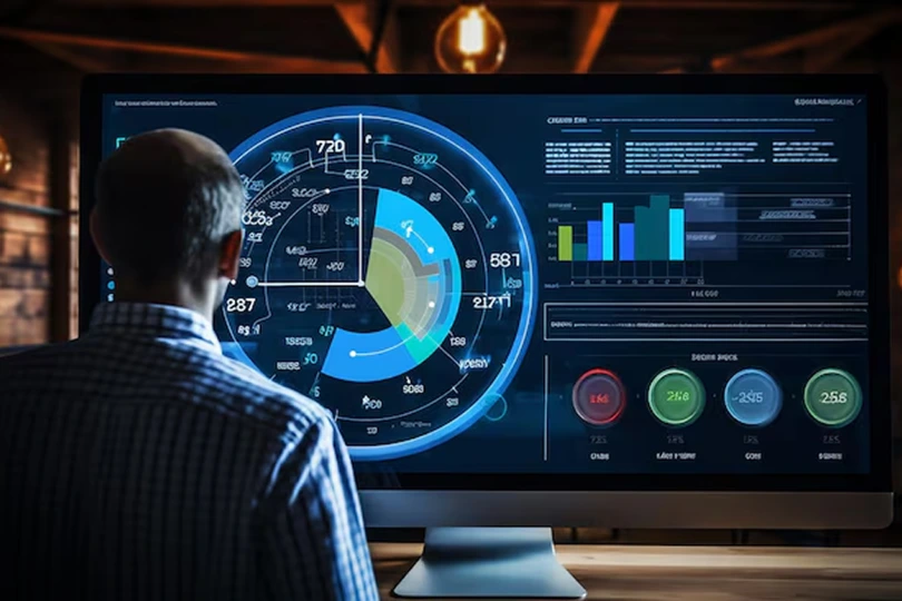 Business professional analyzing real-time performance dashboards on a large screen, representing continuous AI model monitoring, optimization, and scalability by Samyak Infotech's AI consulting team.