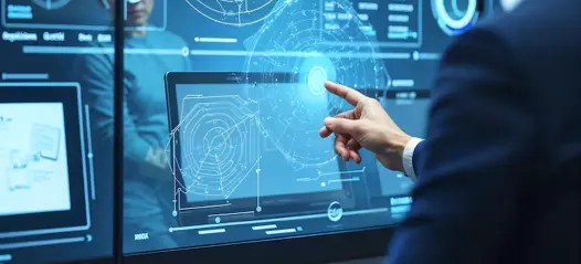 Business professional interacting with a futuristic analytics dashboard, symbolizing MLOps consulting services for continuous model monitoring, performance tracking, and ongoing improvements to maintain accuracy and relevance.