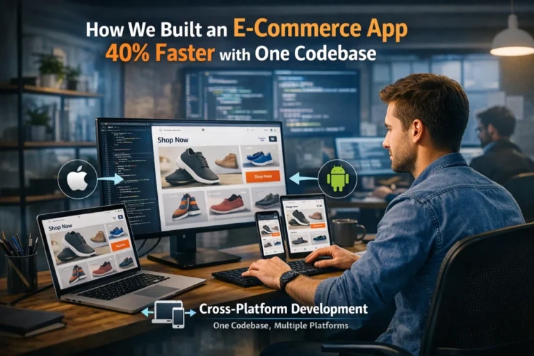 Developer testing an e-commerce app across multiple devices using a single codebase for iOS and Android, showcasing results from offshore cross-platform app making service with faster delivery and unified functionality