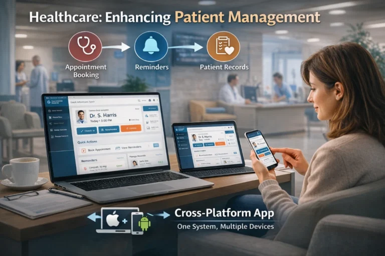 Woman using a healthcare app on multiple devices built through offshore cross-platform app making service, featuring appointment booking, reminders, and patient record management with improved communication and efficiency