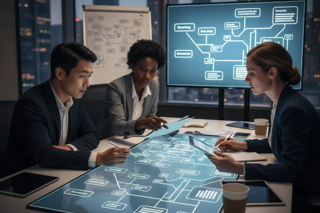 Team of professionals collaborating on digital workflow automation strategy using futuristic touchscreen interface, illustrating custom AI copilot development services for automating repetitive business tasks.