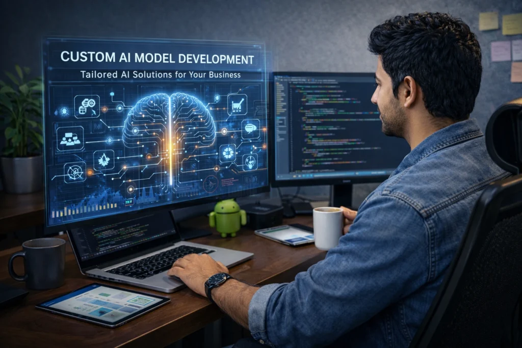 Software engineer working on custom AI model development with visual data on screen, representing Samyak Infotech’s tailored enterprise AI solutions for predictive analytics and business-specific challenges.